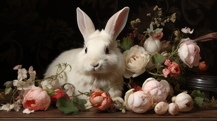 Celebration of Easter with a Domestic Rabbit on Black Background with flowers. Generative AI