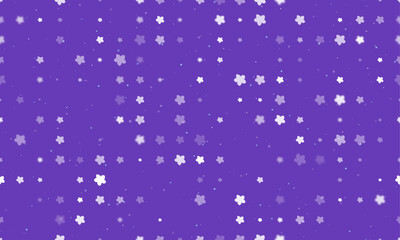 Seamless background pattern of evenly spaced white forget-me-not flowers of different sizes and opacity. Vector illustration on deep purple background with stars