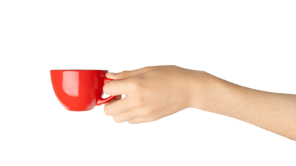 Hand Holds Cup Isolated, Empty Red Cup in Hands, Coffee Mug, Teacup, Hot Beverage Mockup