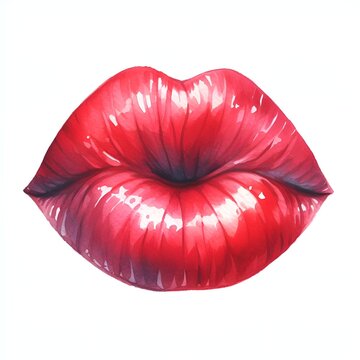 Red woman lips kiss watercolor paint for love card decor