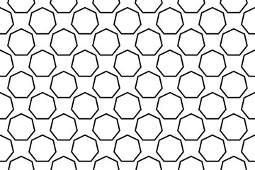 Seamless pattern completely filled with outlines of heptagon symbols. Elements are evenly spaced. Vector illustration on white background