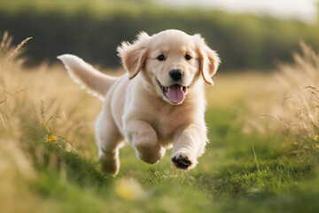 Golden retriever puppy running in a meadow