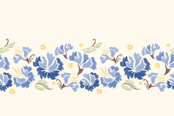 Blue Floral embroidery pattern seamless paisley  border with magnolia flower motifs background border oriental batik style. Ikat pattern seamless vector illustration design .