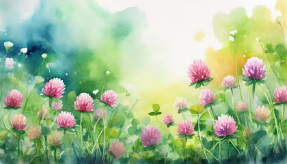 Obraz premium Flowering clover in meadow in a garden, copy space on a side, watercolor art style