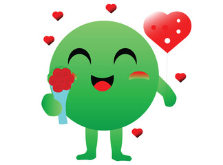 valentine's day celebration by cute green round characters carrying heart balloons and a bouquet of red rose