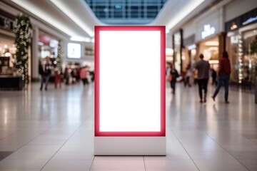 White unoccupied advertising stand in a busy shopping center with passersby