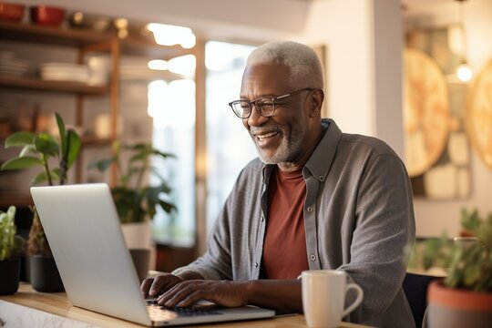 Happy african american elderly man using laptop at home, smiling black man looking at laptop browsing internet.