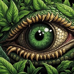 A close up on a reptilian eye facing the camera. Fantasy horror digital art diabolical hellish. Generative AI