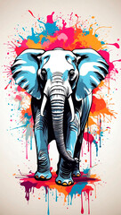 elephant on the background of colored spots of paint. White background. Print for T-shirts