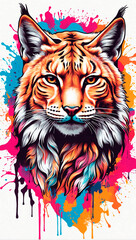 lynx on the background of colored spots of paint. White background. Print for T-shirts
