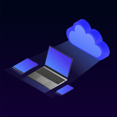 Online cloud storage. Illustration of gadgets with the cloud server