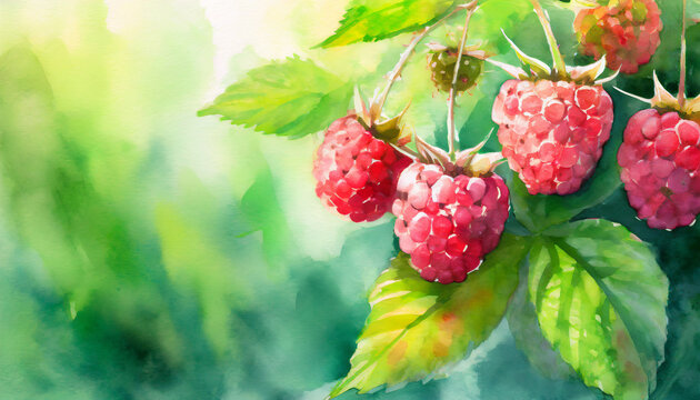 Branch of ripe raspberries in a garden. Watercolor art style