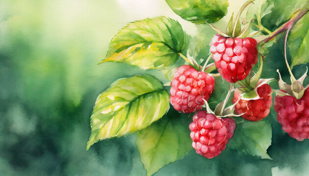 Branch of ripe raspberries in a garden. Watercolor art style