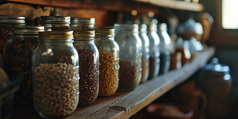 mason jars filled with organic grains and legumes, neatly arranged on a wooden pantry shelf