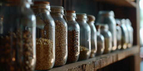 mason jars filled with organic grains and legumes, neatly arranged on a wooden pantry shelf - obrazy, fototapety, plakaty