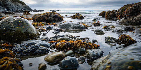Rocky beach during low tide, tide pools filled with marine life