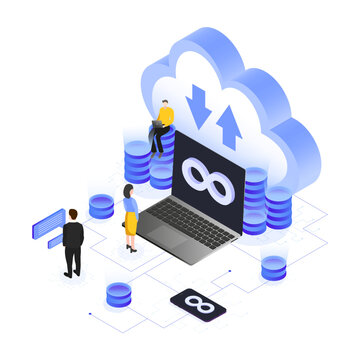 Illustration of cloud DevOps, a group of people working on a project