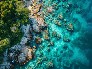 Naklejka na ściany i meble secluded beach cove, crystal-clear turquoise waters, vibrant corals visible beneath the surface