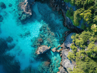 secluded beach cove, crystal-clear turquoise waters, vibrant corals visible beneath the surface
