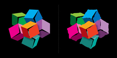 geometric cubes. deformation colored cubes. colored geometric cubes. degraded cubes.