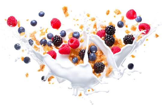 Corn Flakes, Berries And A Splash With Drops Of Milk Around.