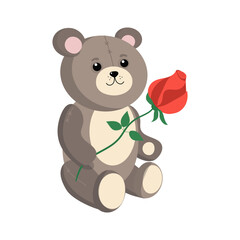 Cute toy bear. A smiling teddy bear sits on the floor. Soft cartoon toy Teddy Bear, Rose, flower. Vector illustration on white background
