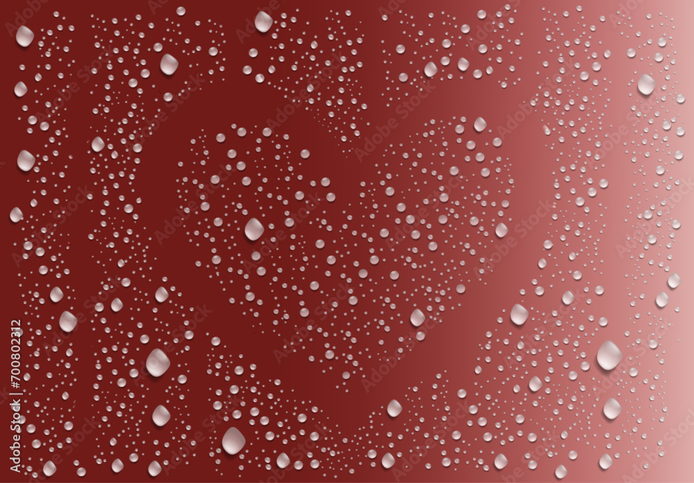 Wall mural Realistic transparent water drops, raindrops on window glass and a heart outline. Valentine's Day holiday background. Concept of love. Vector