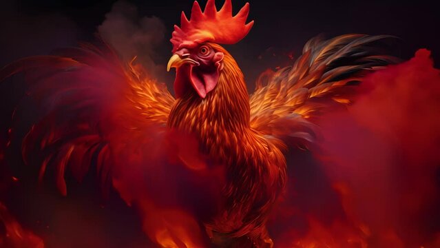 A red rooster stands on a fiery background, with his wings spread, on a black background
