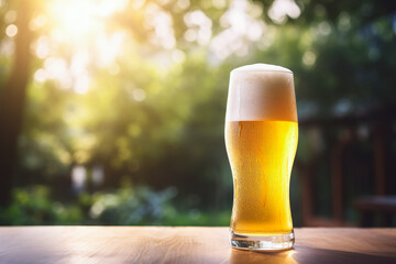 A glass of foamy beer stands in the garden on a wooden table in the sun.