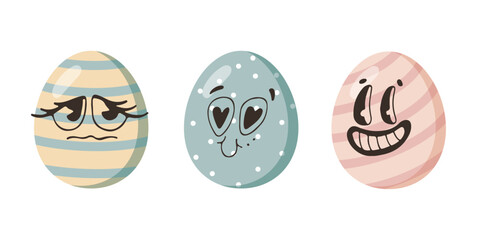 Cute eggs with different characters. Eggs with faces. Funny Easter eggs with different facial expressions. Vector illustration