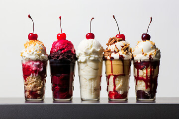 A variety of ice cream in glasses with topping and cherries. - obrazy, fototapety, plakaty