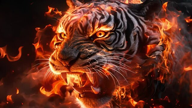 Head of an angry, fiery tiger, with open mouth and burning eyes, on a black background