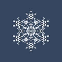 Author's design of white hexagonal vector snowflake on blue background