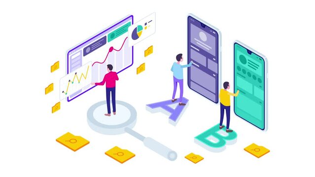 Isometric AB Testing Method Modern Motion Graphic Animation. Tiny People people use laptops and phones to do AB Testing.