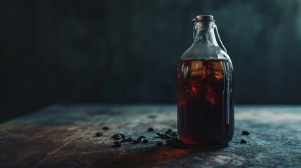 A bottle of cold brew coffee sits on a dark background with scattered coffee beans, emanating a strong and rich vibe.