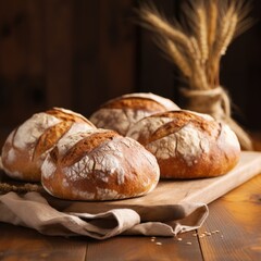 a rustic scene with loaves of bread on a wooden board, against a beige background, evoking the homely warmth and tradition of bread baking.