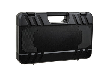 Black plastic container with foam inside for safe storage and transportation of fragile and expensive items. Sturdy plastic case. Isolate on a white back.