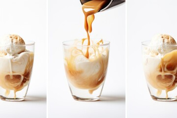 A sequence of images captures the process of making an affogato, showing a scoop of ice cream in a glass, espresso being poured over, and the final delicious dessert.