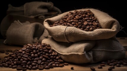A burlap bag filled to the brim with coffee beans sits on a wooden surface, giving off a rustic and...