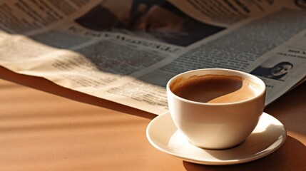 a cup of frothy coffee next to a partially folded newspaper on a table with warm, earthy tones, suggesting a relaxed morning scene.