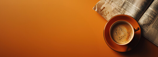 a wide perspective of a coffee cup beside an open newspaper, set against a vibrant orange background, creating a bold and focused setting.