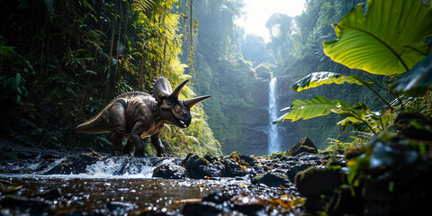 Herbivorous Triceratops, grazing near a waterfall, rainforest environment, sparkling water droplets