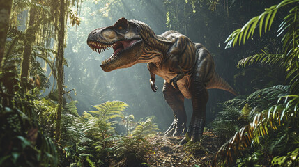 Tyrannosaurus rex, roaring in a prehistoric jungle, towering ferns and misty atmosphere