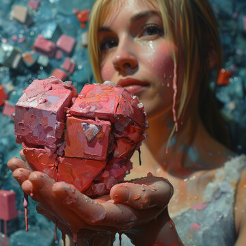 Young beautiful woman gently hold textured, paint-coated pink heart, both covered in dripping paint, with shades of pink, blue and white on the colorful background.  Valentine's day concept. 