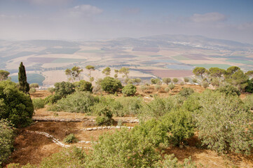 Widok z góry Tabor w Izraelu w Ziemi Świętej z ruinami po twierdzy krzyżowców w słoneczny dzień. - obrazy, fototapety, plakaty