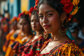 Portrait of woman in traditional colourful clothes on Central America and Mexican cultural festival