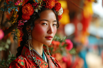 Portrait of woman in traditional colourful clothes on Asian, China cultural festival