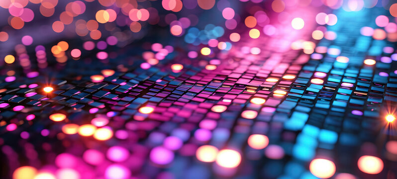 Disco style background with neon blue and purple lights, bokeh