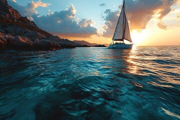 Sail through crystal-clear waters on a catamaran, chasing breathtaking sunsets during a serene spring getaway - obrazy, fototapety, plakaty