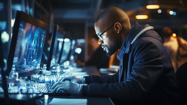 A Man Sitting In Front Of A Computer Monitor. African Scientist, Graduate Student, Working In Research Lab, Laboratory Tech